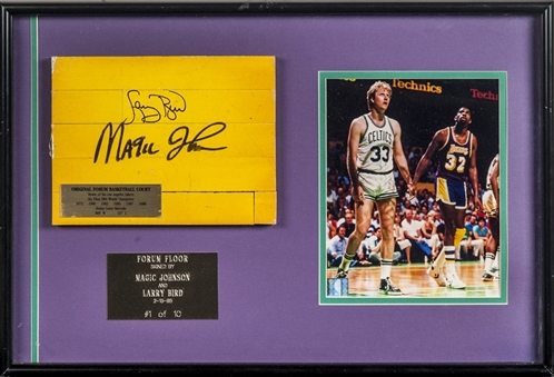 Los Angeles Forum Floor Piece Signed By Magic Johnson and Larry Bird in Framed Display (JSA LOA)